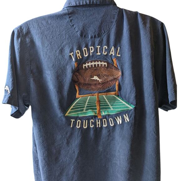 Tommy Bahama Shirt Men Large Silk Hawaiian Tropical Touchdown Navy Camp Football - Picture 1 of 11